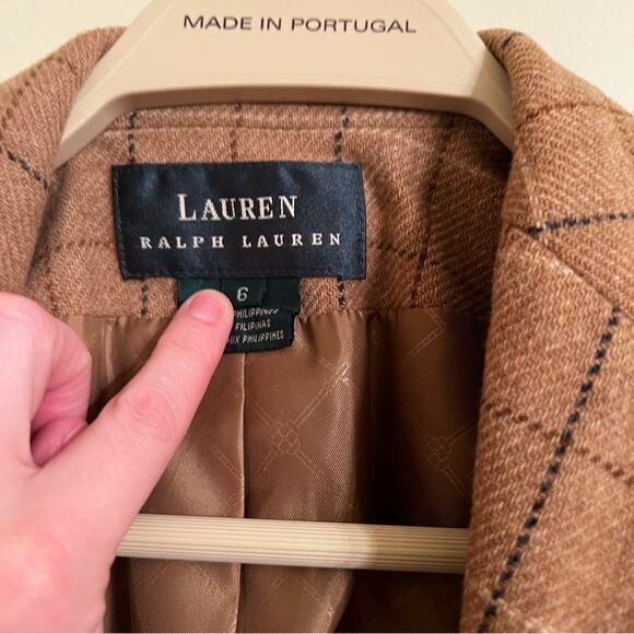 VTG Lauren Ralph Lauren Brown Plaid Blazer windowpane plaid elbow pads 6 - Picture 6 of 8